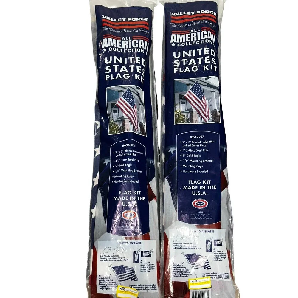 Lot of 2 Valley Forge Betsy Flags 2x3 American Flag Kits 4ft Pole Made USA